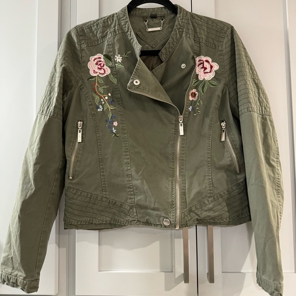 Jou Jou Jackets & Blazers - Jou Jou Moto Style Army Green Floral Embroidered Jacket